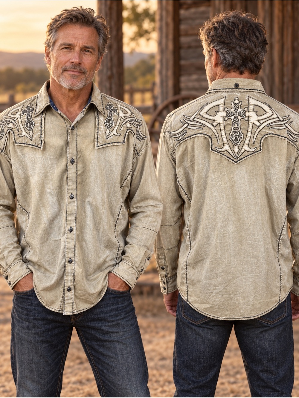 Roar Signature XXL Embroidered Cross Western Shirt Y2K Acid Wash